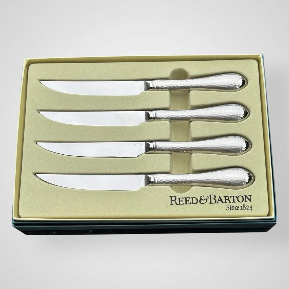 Reed & Barton Hammered Antique 4 Piece Steak Knife Set in Box Stainless Steel